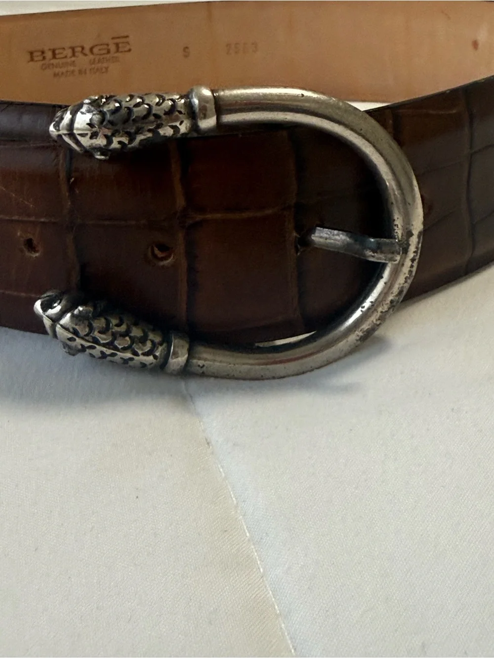 Bergé Brown Croc-Embossed genuine Leather Belt with Antique Silver Buckle. S